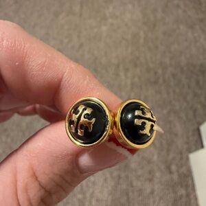 Tory Burch Black and Gold Logo Earrings